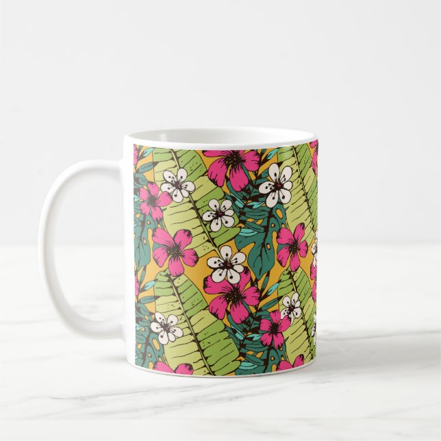 Seamless pattern with tropical flowers, palm leave coffee mug (Left)