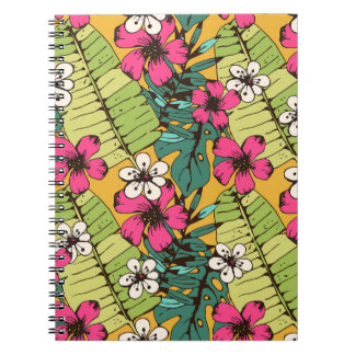 Seamless pattern with tropical flowers, palm leave notebook