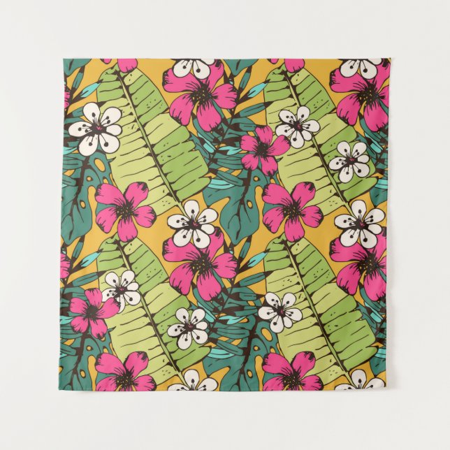 Seamless pattern with tropical flowers, palm leave tapestry (Front)