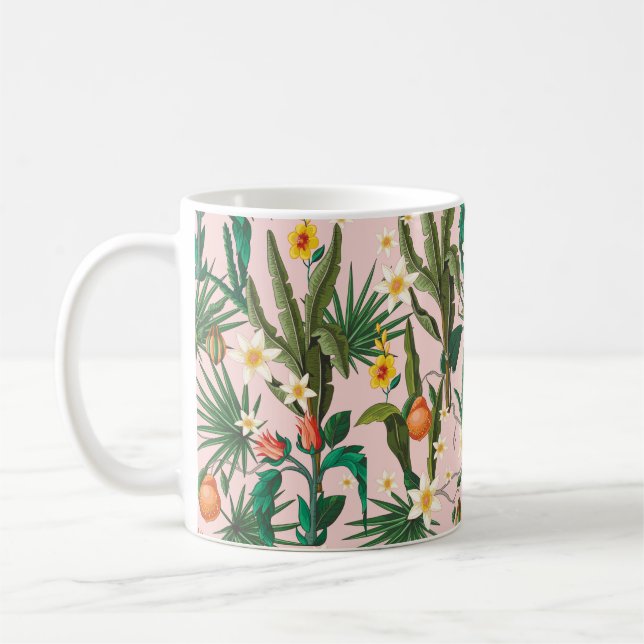Seamless pattern with tropical leaf, flowers and f coffee mug (Left)