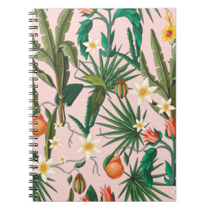 Seamless pattern with tropical leaf, flowers and f notebook