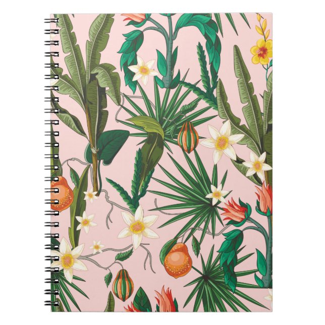Seamless pattern with tropical leaf, flowers and f notebook (Front)