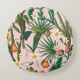 Seamless pattern with tropical leaf, flowers and f round cushion