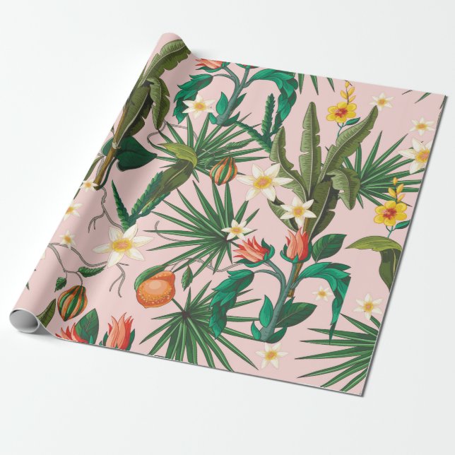 Seamless pattern with tropical leaf, flowers and f wrapping paper (Unrolled)