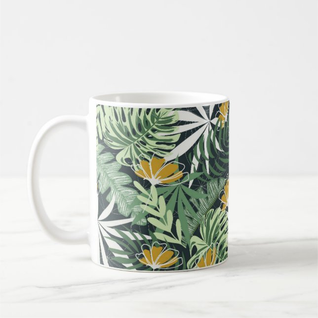 Seamless pattern with tropical leaves and flowers  coffee mug (Left)