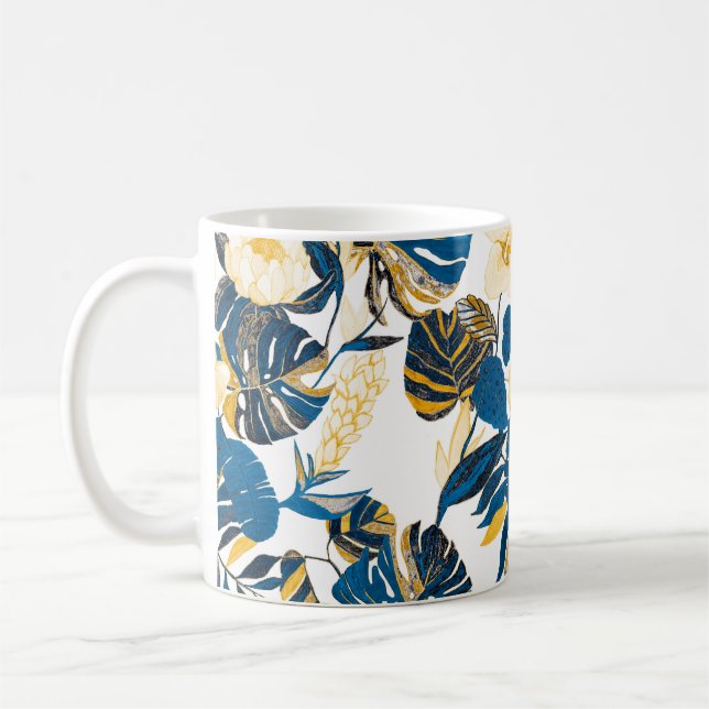 Seamless pattern with tropical leaves and flowers coffee mug (Left)