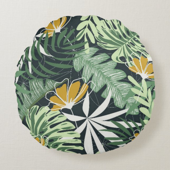 Seamless pattern with tropical leaves and flowers  round cushion (Front)