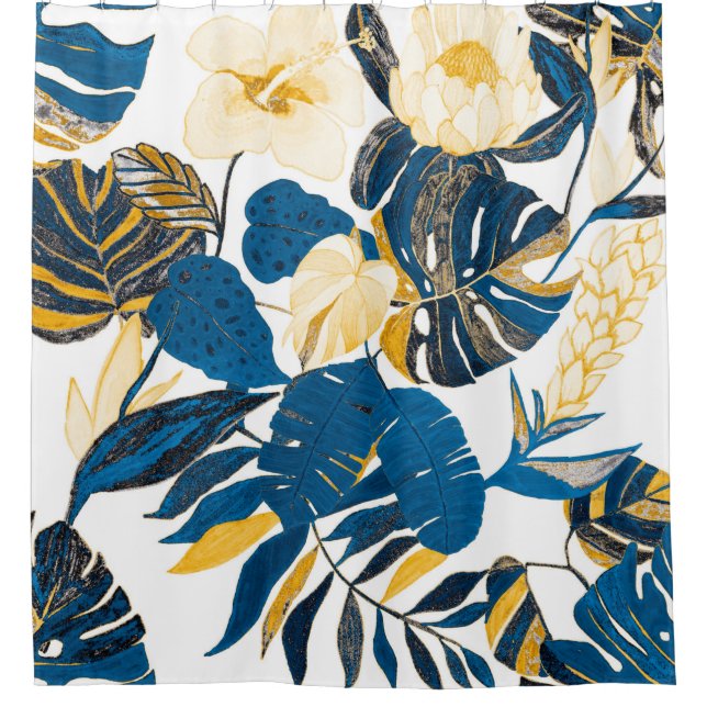 Seamless pattern with tropical leaves and flowers shower curtain (Front)