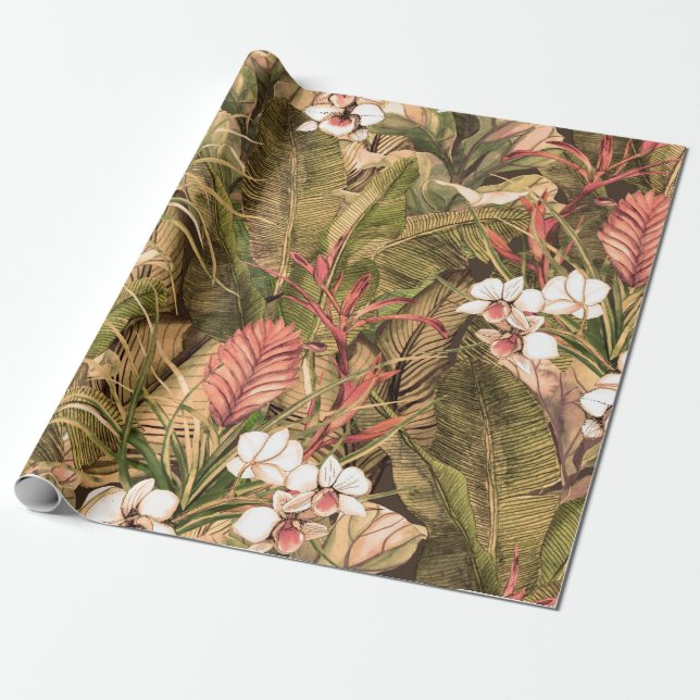 Seamless pattern with tropical leaves and flowers. wrapping paper (Unrolled)