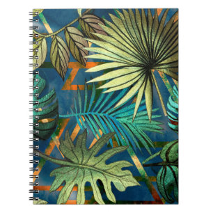 Seamless pattern with tropical leaves and geometri notebook