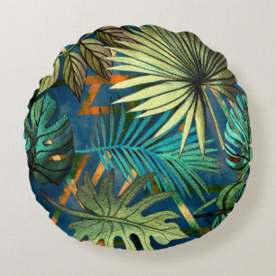 Seamless pattern with tropical leaves and geometri round cushion