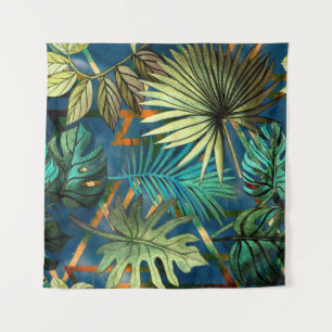 Seamless pattern with tropical leaves and geometri tapestry