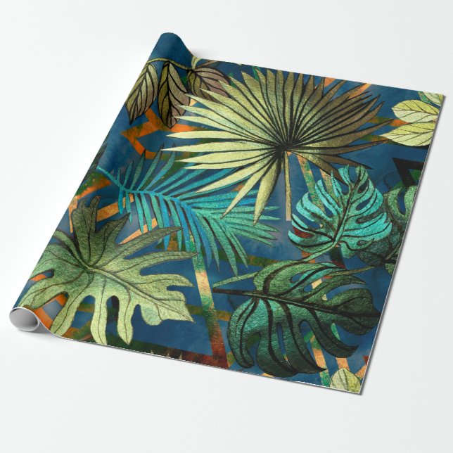 Seamless pattern with tropical leaves and geometri wrapping paper (Unrolled)