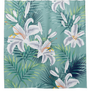 Seamless pattern with tropical leaves and royal wh shower curtain
