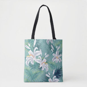 Seamless pattern with tropical leaves and royal wh tote bag