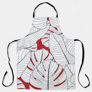 Seamless pattern with tropical leaves in red and w apron