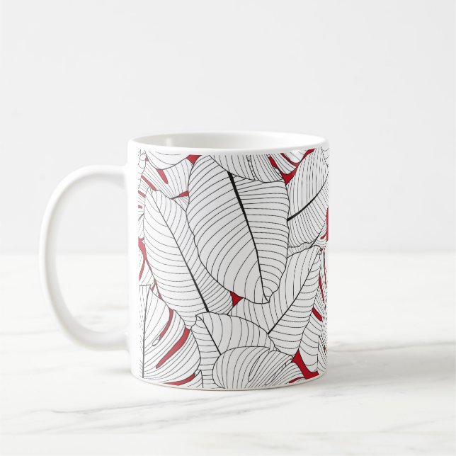 Seamless pattern with tropical leaves in red and w coffee mug (Left)