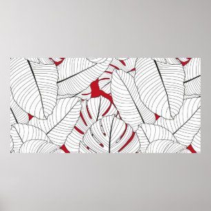 Seamless pattern with tropical leaves in red and w poster