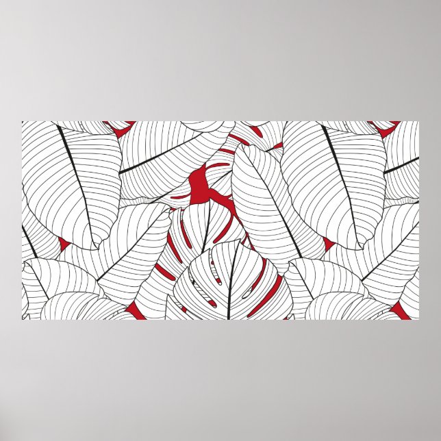 Seamless pattern with tropical leaves in red and w poster (Front)