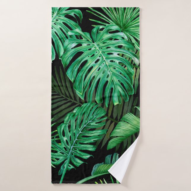 Seamless pattern with tropical leaves on a dark ba bath towel (Bath Towel)