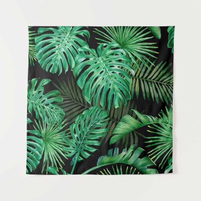 Seamless pattern with tropical leaves on a dark ba tapestry (Front)