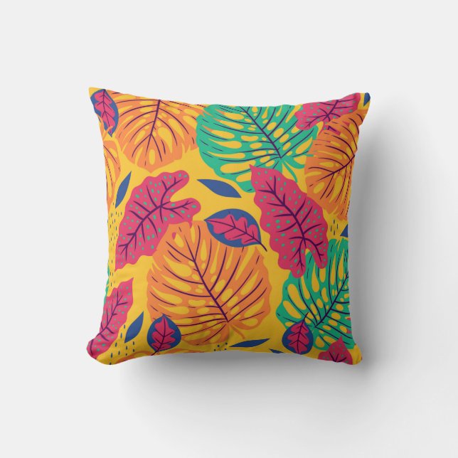 Seamless pattern with tropical leaves on yellow ba cushion (Front)