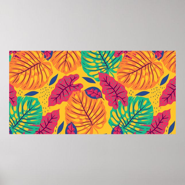 Seamless pattern with tropical leaves on yellow ba poster (Front)