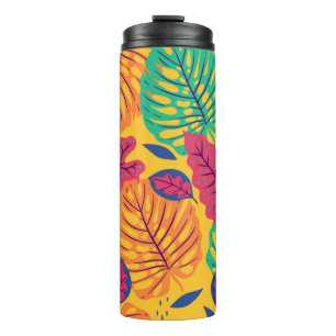 Seamless pattern with tropical leaves on yellow ba thermal tumbler