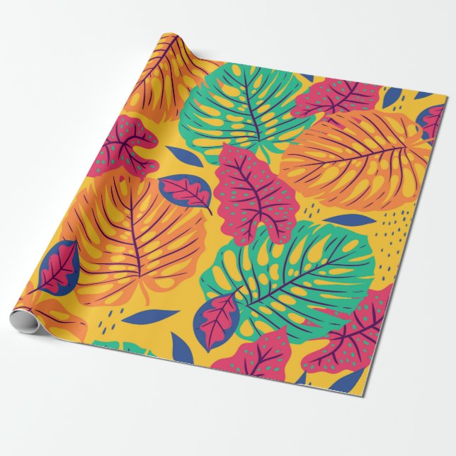 Seamless pattern with tropical leaves on yellow ba wrapping paper (Unrolled)
