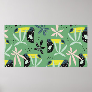 Seamless pattern with tucan, elepahant, monkey and poster