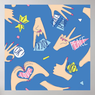 Seamless pattern with various hands gestures in br poster