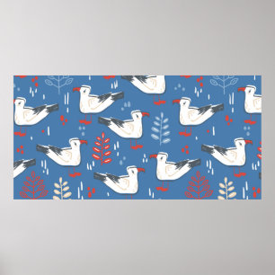 seamless pattern with walking gull. Bird and leave Poster