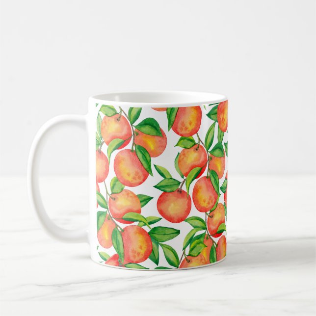 Seamless pattern with watercolor mandarin fruit an coffee mug (Left)