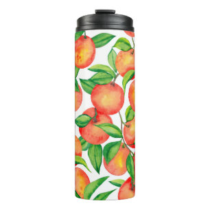 Seamless pattern with watercolor mandarin fruit an thermal tumbler