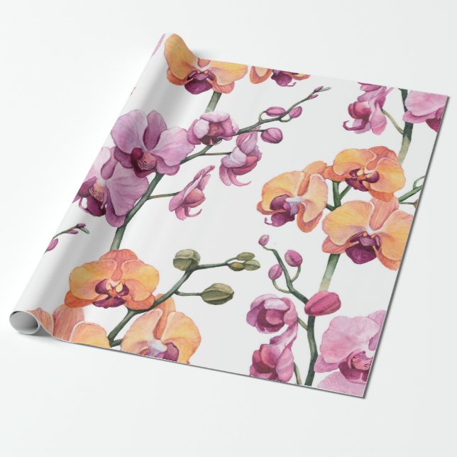Seamless pattern with watercolor orchid flowers  wrapping paper (Unrolled)
