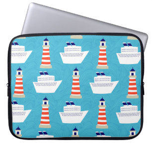 Seamless pattern with waves, lighthouses and cruis laptop sleeve
