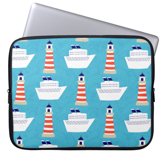 Seamless pattern with waves, lighthouses and cruis laptop sleeve (Front)