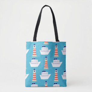 Seamless pattern with waves, lighthouses and cruis tote bag