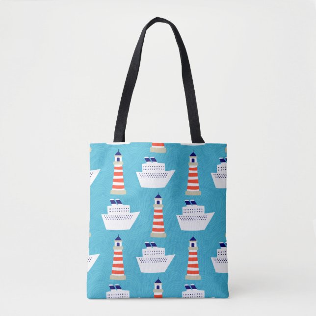 Seamless pattern with waves, lighthouses and cruis tote bag (Front)