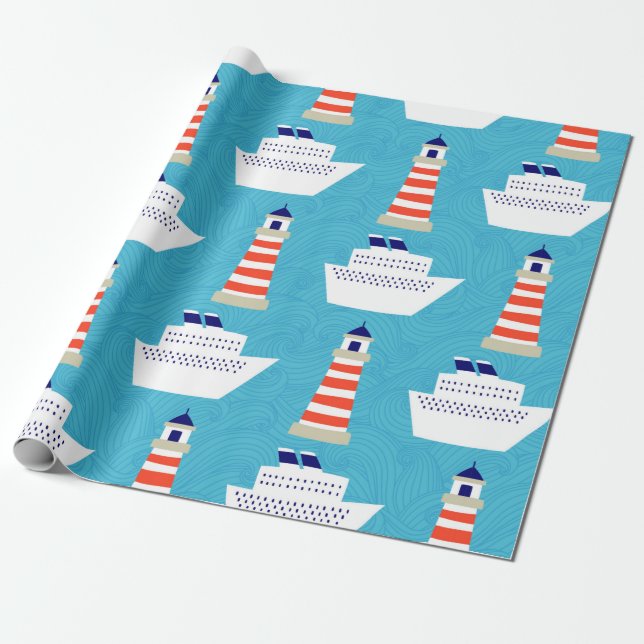 Seamless pattern with waves, lighthouses and cruis wrapping paper (Unrolled)