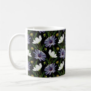 Seamless pattern with white cosmos and blue daisy coffee mug