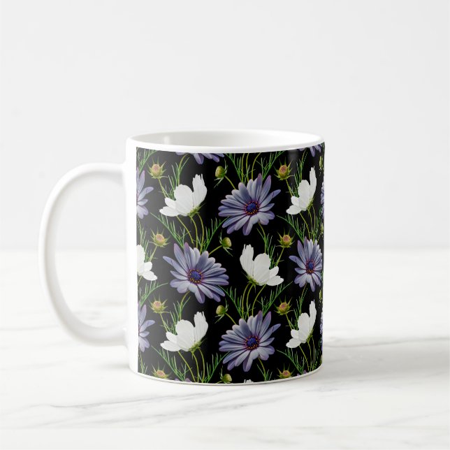 Seamless pattern with white cosmos and blue daisy  coffee mug (Left)