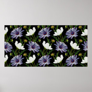 Seamless pattern with white cosmos and blue daisy poster