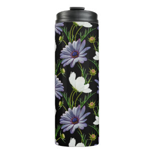 Seamless pattern with white cosmos and blue daisy thermal tumbler