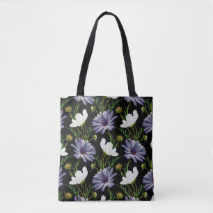 Seamless pattern with white cosmos and blue daisy tote bag