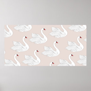 Seamless pattern with white swans. White bird orna Poster