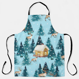 Seamless pattern with winter village in the forest apron