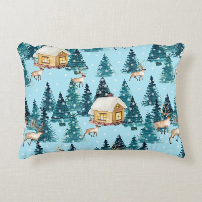 Seamless pattern with winter village in the forest decorative cushion (Front)