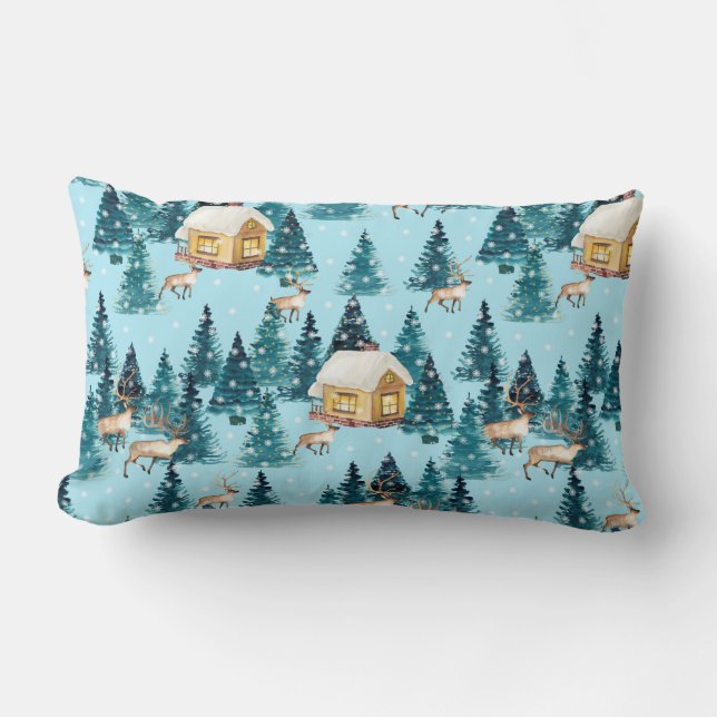 Seamless pattern with winter village in the forest lumbar cushion (Front)