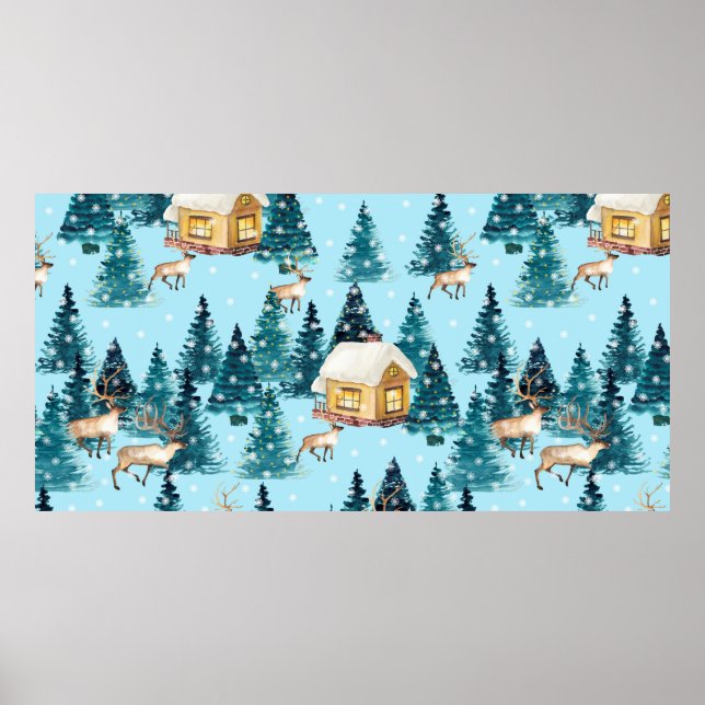 Seamless pattern with winter village in the forest poster (Front)